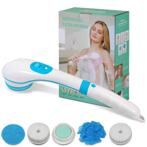 OWIIZI Electric Bath Brush Back Scrubber for Shower, Detachable Long Handle Exfoliating Face Cleansing Silicone Massager, 5 Brush Heads, 6 Speeds, Deep Clean Electronic Body Brushes for Men Women