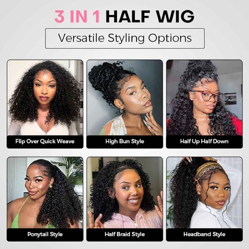 VIVIBABI Afro Kinky Curly 3 In 1 Half Wig Human Hair Seamless Flip Over Wear and Go Glueless Wigs Beginner Friendly 180% Density Curly Hair Drawstring Headband Wig 20Inch