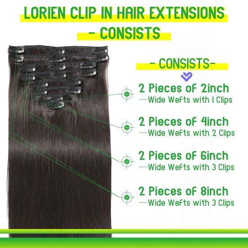 LORIEN Real Human Hair Clip in 100% Human Hair Extensions Brazilian Remy Human Hair Clip on Hair Extensions 8pcs Per Set with 18Clips Double Weft (20 Inch, 1B Natural Black)