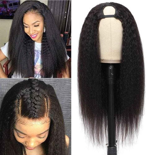 U Part Wig Human Hair Kinky Straight Wigs for Black Women, 14 inch Italian Yaki Straight Half Wig Upgrade U Shape Clip in Wigs Remy Human Hair Extension