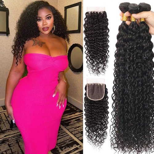 Water Wave Bundles with Closure (14 16 18+12，Free Part) 100% Unprocessed Brazilian Virgin Hair Weave Bundles with Lace Closure Curly Virgin Human Hair Weft Natural Color for Black Women
