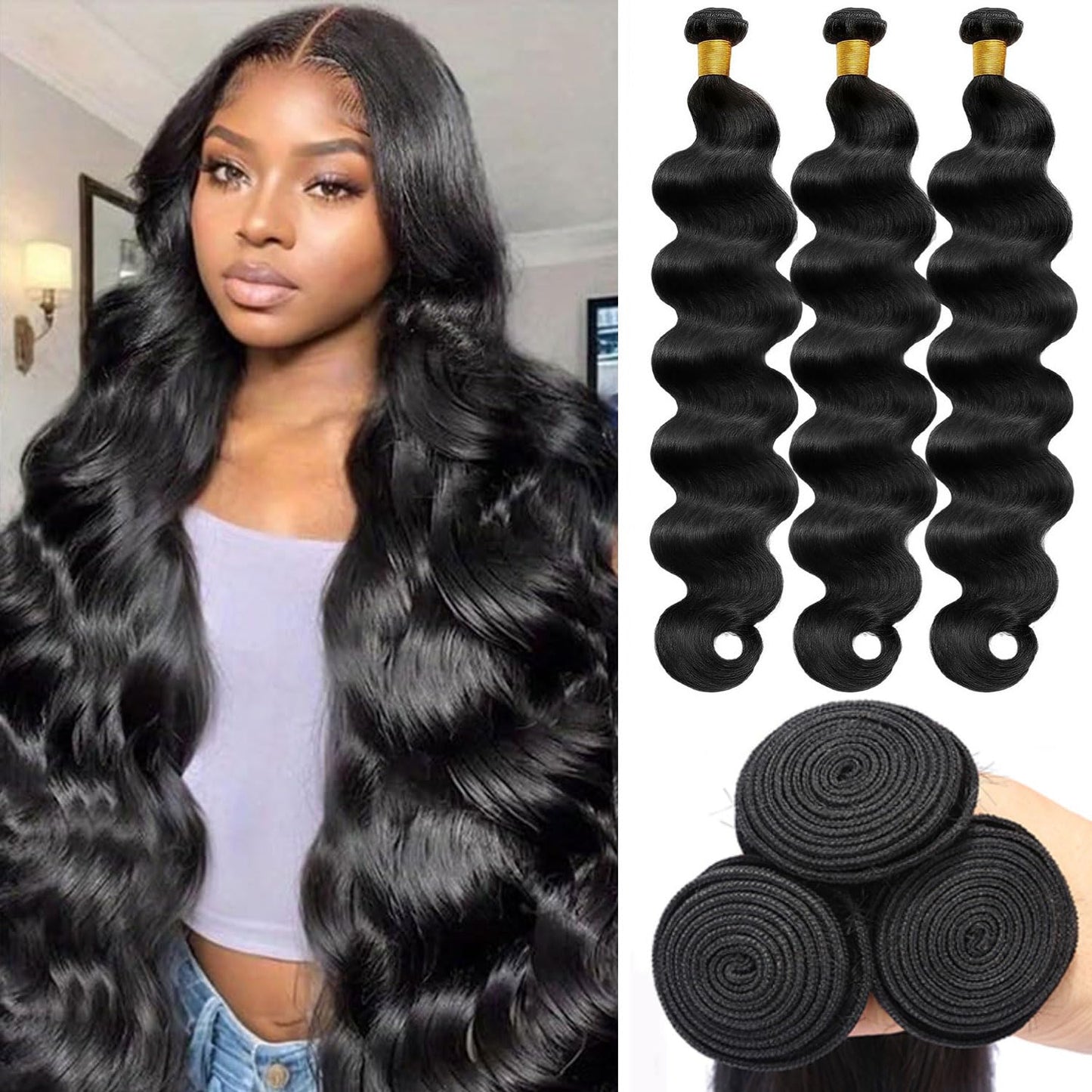 12A Human Hair Bundles 20 22 24 Inch Body Wave Bundles Human Hair 100% Unprocessed Brazilian Virgin Weave 3 Bundle for Women Natural Black Real Body Wavy Human Hair Extensions