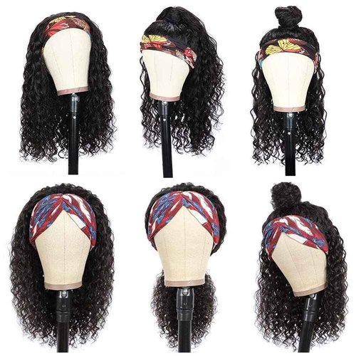 Claudianie Water Wave Headband Wig Human Hair for Black Women - 20 Inch Brazilian Virgin Hair Glueless None Lace Front Wig - Natural Black 150% Density