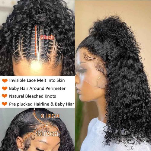 Ablvari 13x6 Deep Wave Bob Lace Front Wigs Human Hair 180% Density HD Lace Frontal Wigs Human Hair Pre Plucked 16 Inch