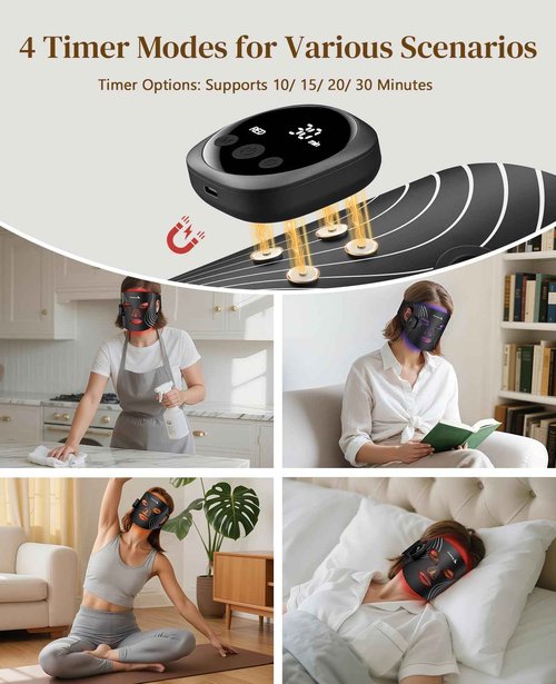 Lanieney Red Light Therapy Mask for Face, Wireless LED Face Mask, Rechargeable and Adjustable Timer Design with Digital Display for Home Skincare, Dark Black