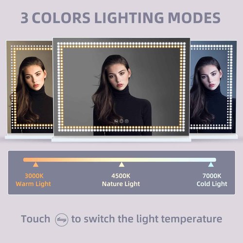 Misavanity Vanity Mirror with Lights Dots Makeup Mirror with LED Lights 31.5" x 22.8" Tempered Glass Lamp Bead Touch Screen Control Dimmable 3 Colors Modes USB Charging Port 10X Magnification, White