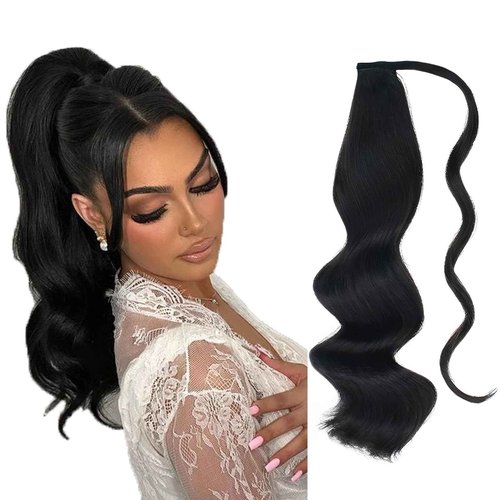 ABH AMAZINGBEAUTY HAIR Ponytail Hair Extensions for Women Remy Human Hair Jet Black Color #1 Wrap in Easy to Use 80 Gram 16 Inch