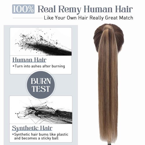 Rich Choices Ponytail Extension 100% Real Human Hair Wrap Around Remy Ponytail Extension for Women Clip In Long Pony tail Extensions Straight 15 Inch #4P27 Medium Brown Highlighted Dark Blonde
