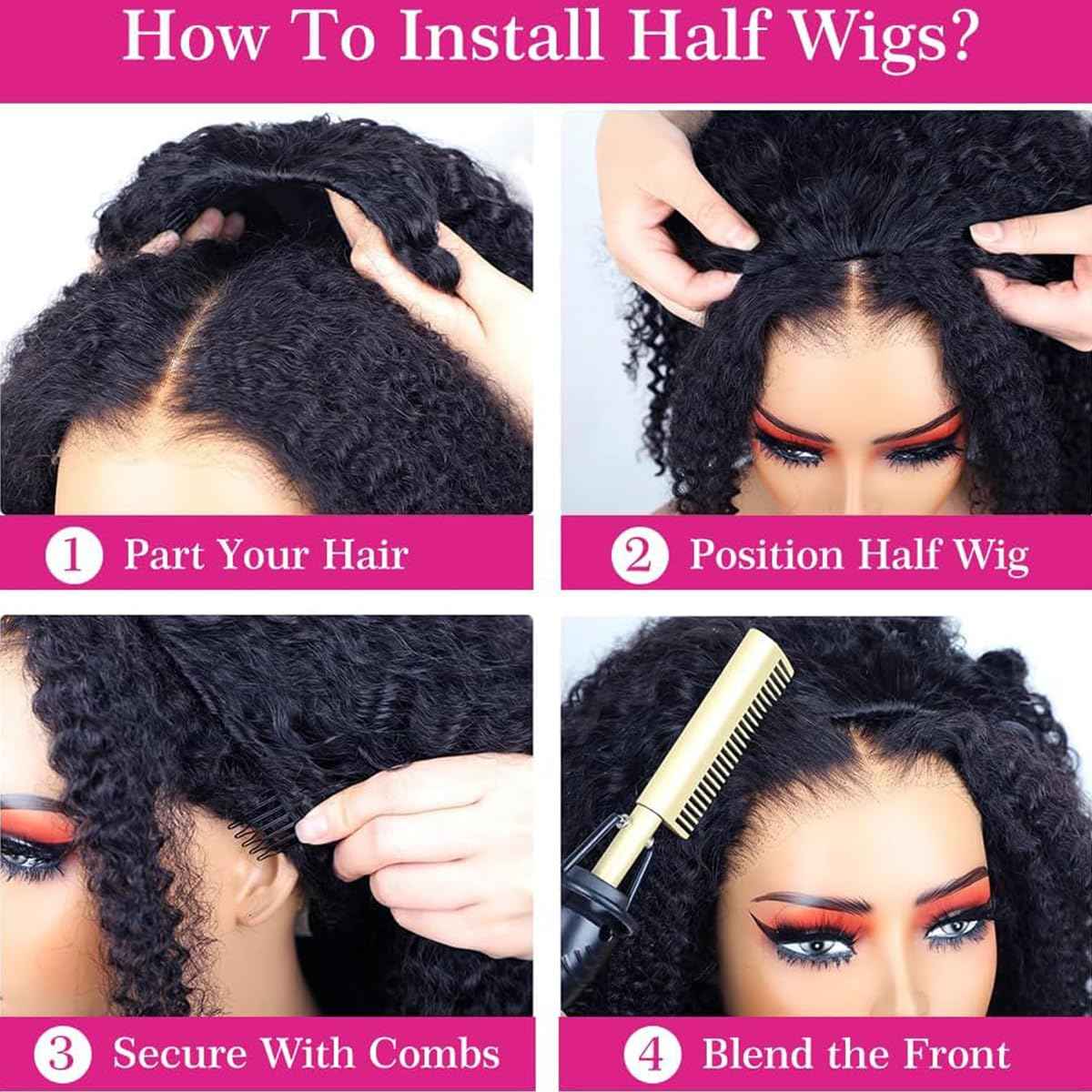 Kinky Curly Half Wig Human Hair 200% Density 3 In 1 Seamless Flip Over Half Wigs Human Hair Glueless Wear and Go Beginner Friendly Kinky Curly Wig Human Hair Drawstring Headband Wig for Women 18 Inch