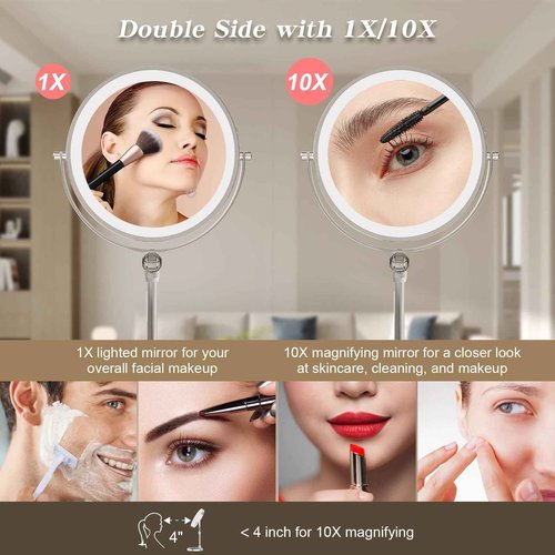 9" Large Lighted Makeup Mirror with 1X/10X Magnification, 4000mAh Rechargeable Vanity Mirror with Height Adjustable & 3 Color Dimmable Lights, 360°Swivel Double Sided Tabletop Cosmetic Mirror