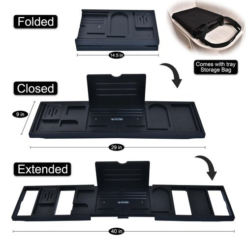 Bathtub Trays and Tub Pillow for Bathtub, Expandable Folding Bath Tray, with Black Soapbox, 2 Bath Towels, Shower Cap, Storage Bag, Bathroom Hooks, Uniform Black Accents for Your Bathtub