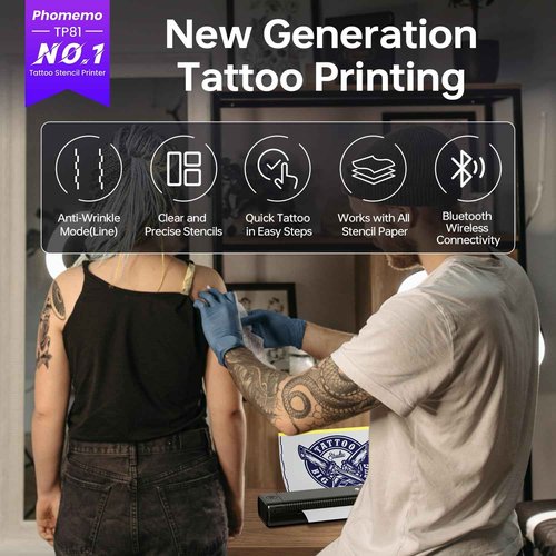 Phomemo Tattoo Stencil Printer Upgraded, TP81 Bluetooth Tattoo Printer with 10pcs Transfer Paper, Compatible with Phone/Tablet/PC, Tattoo Supplies for Tattoo Artists & Beginners,Black