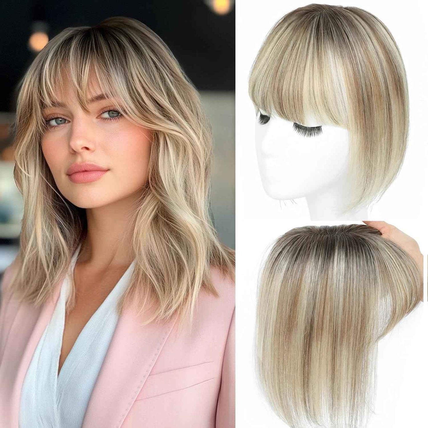 Human Hair Toppers for Women with Fringe 10 Inch Real HairPieces-360°3D Bangs for Thinning Hair Topper Swiss Base Ombre Light Brown with Blond Highlight（2T613）