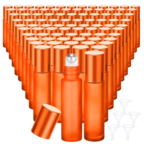Sumind 150 Pcs Frosted Glass Roller Bottles Essential Oil 10 ml Empty Roll on Bottles with Stainless Steel Balls Leak Proof with 5 Funnel for Travel Essential Oil Perfume(Frosted Orange)