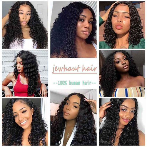 Jewhaut 28 Inch Lace Front Human Hair Wig, Deep Wave, 180% Density, Glueless, Natural, Curly, Black, Medium Cap Size, Full Coverage, Clips/Combs Attachment