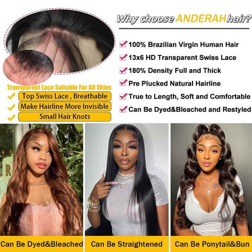 Anderah 28 Inch 13x6 Body Wave Lace Front Wigs Human Hair 13x6 HD Lace Glueless Human Hair Wig Pre Plucked Natural Hairline Brazilian Human Virgin Hair Long Black Body Wave Wig for Women 180% Density