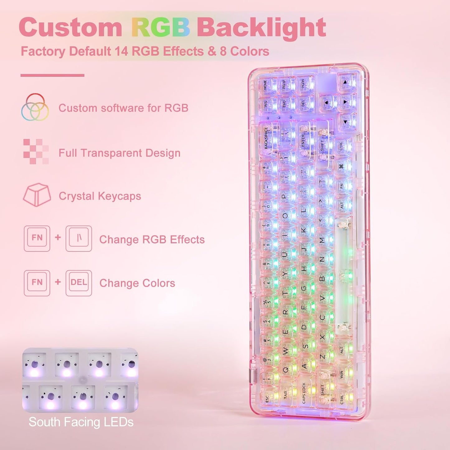 YUNZII X71 Wireless Hot Swappable Transparent Mechanical Keyboard with Clear Keycaps, 68% Layout, BT5.0/2.4G/USB-C Gasket Mount Wireless RGB Backlit for Windows/Mac(Crystal Ice Switch,White)