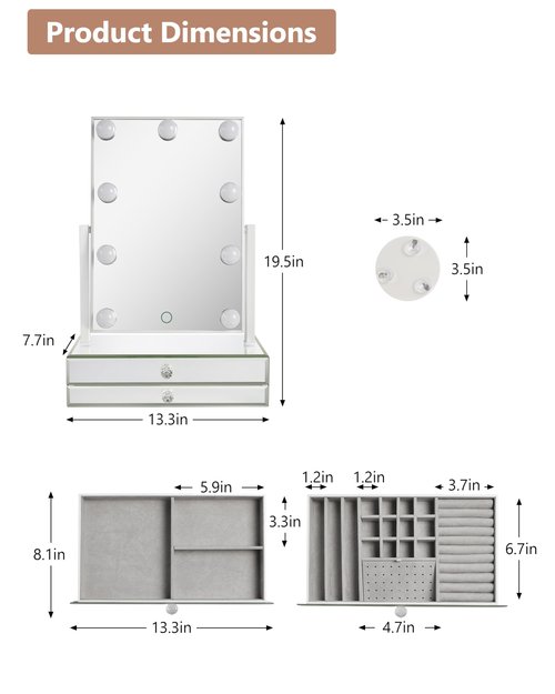 Star Vision 2-in-1 Large Lighted Hollywood Mirror & Glass Jewelry Organizer, 3 Color Tones & Dimmable Light, 2-Layer Drawers, Luxury Crystal Diamond Effect Surface, Includes a 10X Magnification Mirror