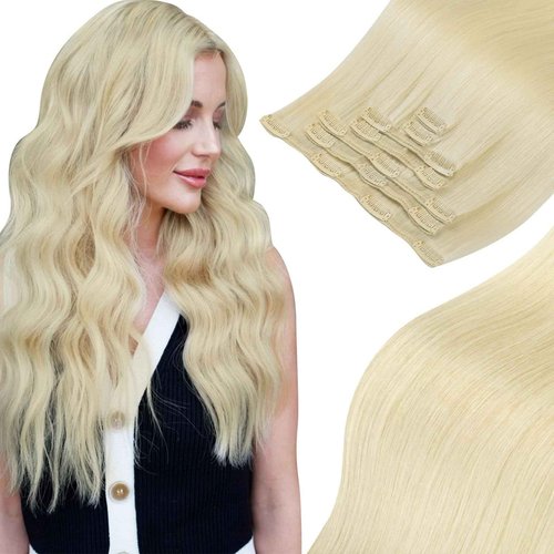 MEI YUAN LIN Human Hair Clip in Extensions Platinum Blonde Long Straight Remy Clip in Hair Extensions Instant Volume And Length 20 Inch 120g 7pcs