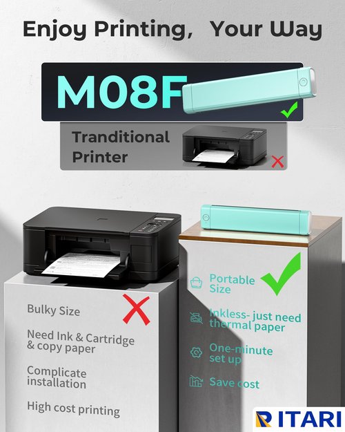 Itari M08F Portable Printers Wireless Travel - Thermal Bluetooth Mobile Printer for Phone & Tablet & Laptop, Mini Compact Small Inkless Printer for Vehicle Home Use School Office, 8.5" X 11" Paper