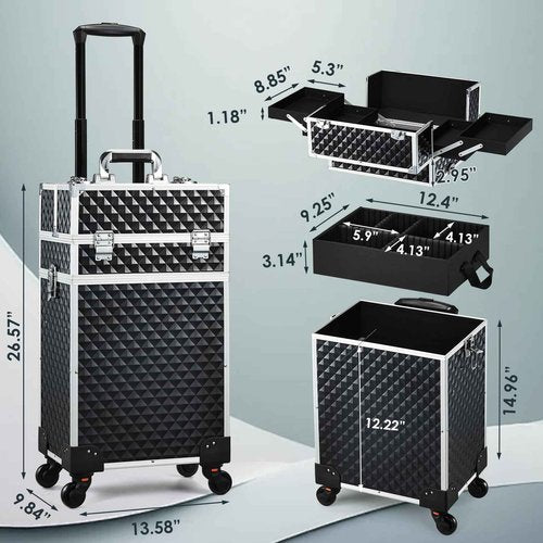 Yueieoun Makeup Train Case,3 in 1 Large Rolling Makeup Case, Barber Travel Cosmetology Case Professional Nail Cart Organizers Cosmetic Cases Beauty Salon Lockable Trolley for Hairstyle,Tattoo,Manicure