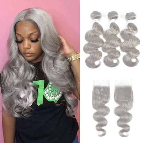 Brazilian Body Wave Human Hair Bundles with Closure (10 12 14+8Closure) Grey Human Hair 3 Bundles with Free Part Closure 100% Remy Human Hair Bundles with 4x4 Closure
