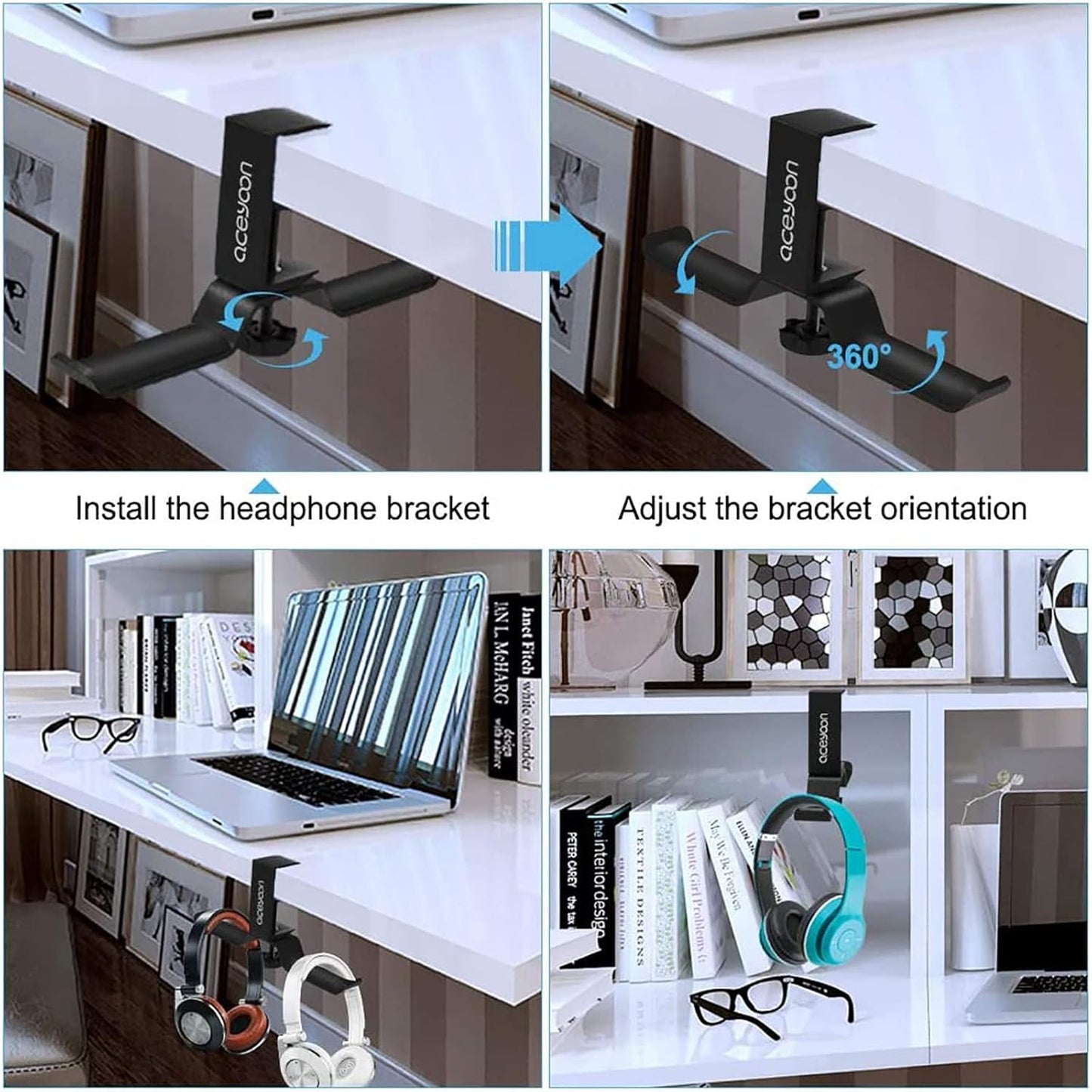aceyoon Under Desk Headphone Hanger, Aluminum Headphone Stand,Headset Holder Space-Saving for Bag/Backpack/Gaming Headphone, Black
