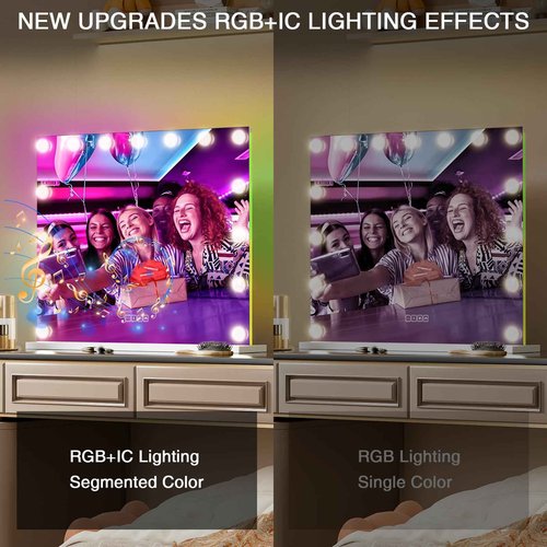 COOLJEEN Vanity Mirror with Lights and Bluetooth, 23x18 Inch 15 Bulbs Front and RGB Backlit Makeup Mirror with Dimmable 3 Color, Tempered Glass, Detachable 10X Magnification, Tabletop & Wall-Mounted