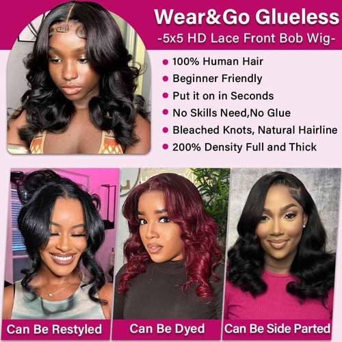 Ailwelia Glueless 5x5 Body Wave Bob Wig Human Hair 200% Density Wigs For Black Women Human Hair Hd Lace Closure Wigs Wear And Go Glueless Closure Bob Wig Human Hair 18inch