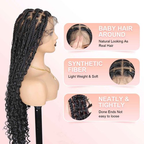 QUISDUIS 36 Inch Full Lace Boho Braided Wigs for Black Women, 360° HD Single-layer Square Knotless Box Braid Wig with Baby Hair Handmade Synthetic Hair Blended Lace Front Wig Natural Black