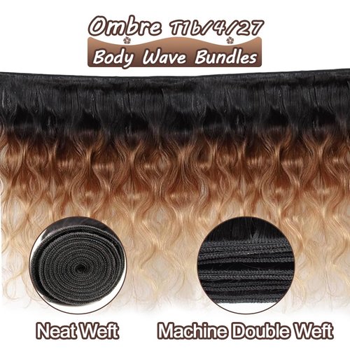 12A Ombre Human Hair Bundles T1b/4/27 Body Wave Bundles 100% Brazilian Virgin Human Hair 3 Tone Ombre Black Brown Blonde Quick Weave Bundle Deal for Women 14 16 18 Inch Thick and Full Hair Extensions