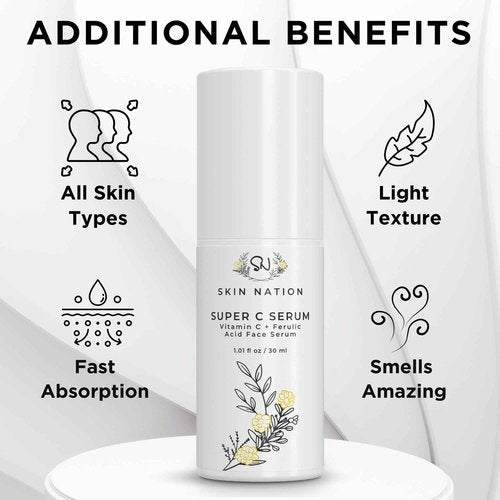 Skin Nation Super Hydrating Vitamin C Face Serum with Ferulic Acid, Aloe Vera, Rosehip Oil, Can Help Smooth Skin Texture and Supports Firmer Skin, for Dry and Sensitive Skin