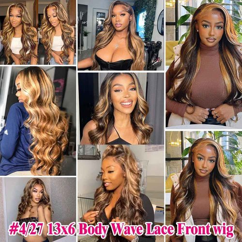 Fuduete 250% Density Honey Blonde Body Wave Lace Front Wig Human Hair 4/27 Highlight Ombre Lace Front Wigs 13x6 Glueless HD Transparent Lace Frontal Wig for Women Pre Plucked with Baby Hair (22inch)