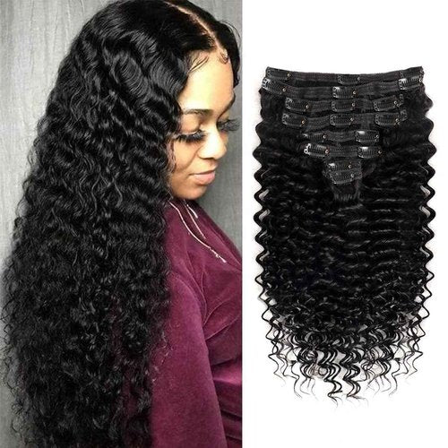 Pobokix Deep Wave Clip in Hair Extensions Real Human Hair Brazilian Virgin Human Hair Clip in Extensions for Black Women 8Pcs Remy Hair with 18Clips 120g (26inch, Natural Black)