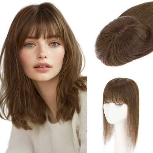 S-noilite Hair Toppers for Women Real Human Hair, 100% Human Hair Toppers with Bangs for Thin Hair, 3.5"*4.7" Handmade Nature-mimicking Scalp Base 12” Natural Brown