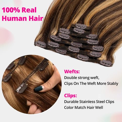 Asteria Hair Clip In Hair Extensions Real Human Hair for Women Highlights Chocolate Brown to Caramel Blonde Colored Hair Extensions Straight Hair 7pcs 120g 20 Inch