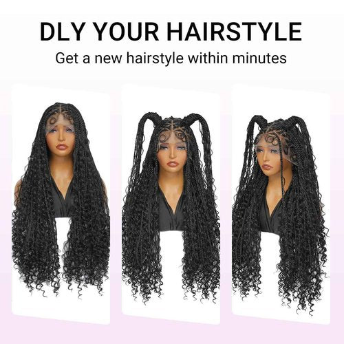 SUPERNOVA 36 Inch Boho Braided Wigs Full Lace Triangle Knotless Braided Wigs For Black Women Synthetic Full Double Lace Front Box Braid Wig With Baby Hair Goddess Locs Braids Wig With Curly Ends