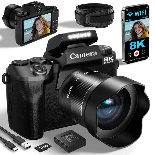8K Digital Cameras for Photography, WiFi 64MP Vlogging Camera for YouTube, 4" Touch Screen Travel Camera with Dual Lens, Auto Focu, 16X Digital Zoom, 3000mAh Batteries, 32GB Card, Black