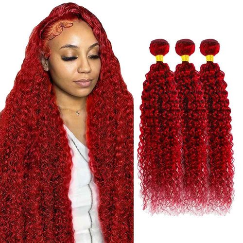 Red Human Hair Bundles Burgundy Kinky Curly Bundles Hair Extensions 26 28 30 Inch Grade 8A Brazilian Virgin Remy Hair 3 Bundles Double Weft Braight Red Bundles Hair Weave
