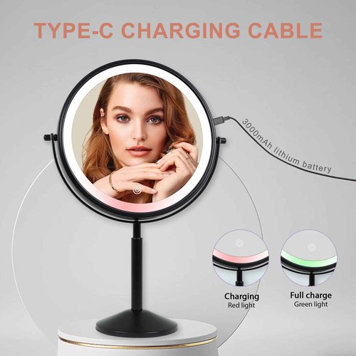 TUSHENGTU 9" Black Magnifying Vanity Mirror - Height Adjustable, Rechargeable, 360 Double Sided with 3 Color Lights