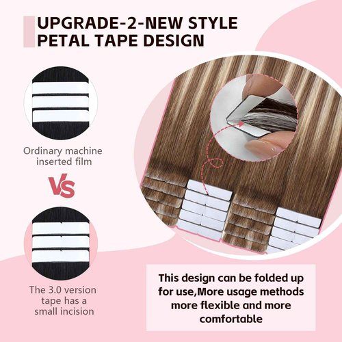 Sweetmet Injection Tape in Hair Extensions Real Human Hair 3rd-Generation #3/8/22 Walnut Brown to Ash Brown and Golden Blonde 20pcs 35g 16inch Invisible Tape ins Extensions(#3/8/22-16inch）