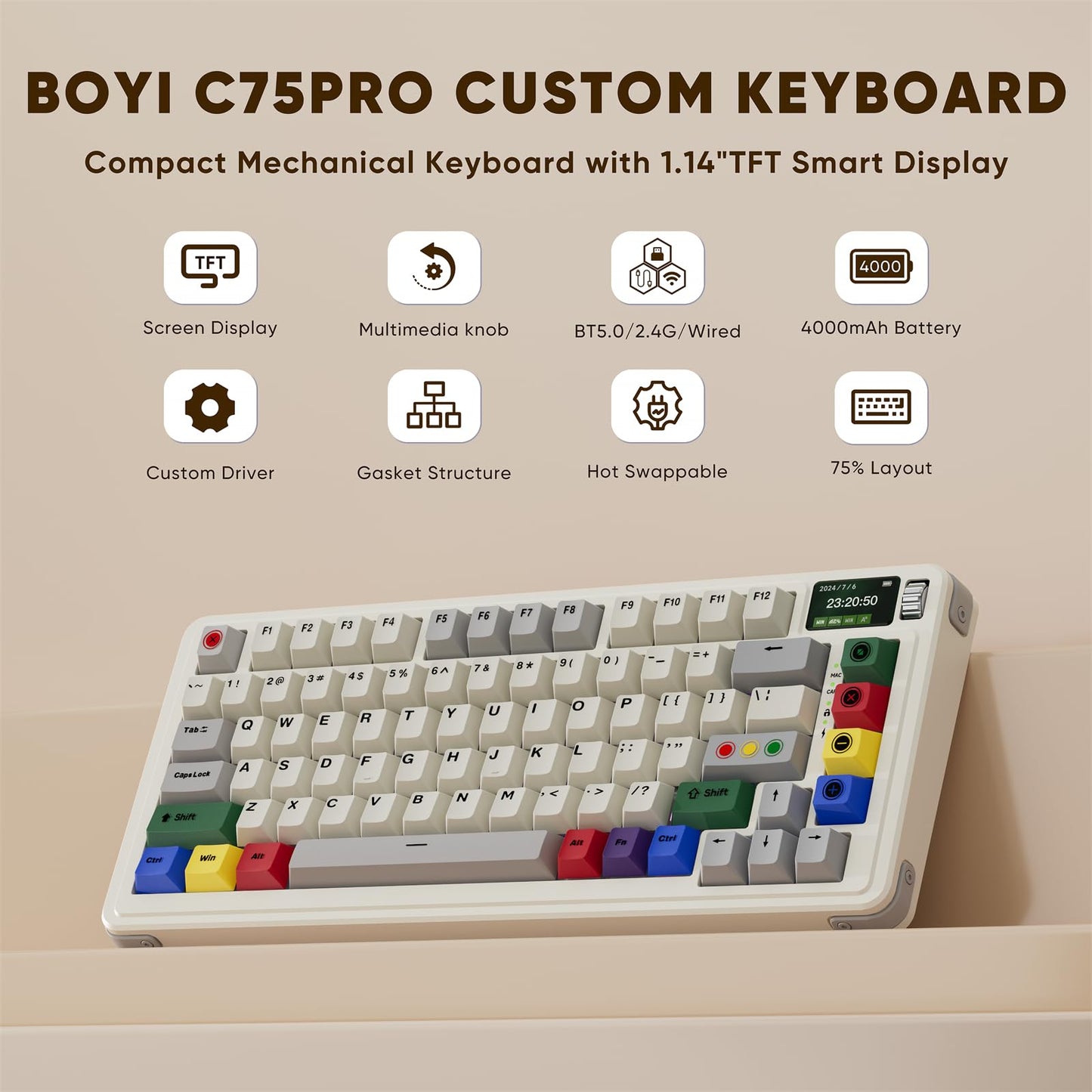 ZMX X BOYI C75Pro Retro Gaming Keyboard,75& Hot Swap Gasket-Mounted Wireless Bluetooth 5.0/2.4G Type-C Wired Custom RGB TKL Mechanical Keyboard with Screen&Knob for PC/Mac Gamer