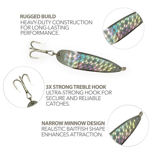 Crocodile Spoon Fishing Lures 3oz, Chrome, 12 Pcs Rigged with 2/0 Treble Hooks, for Saltwater & Freshwater Casting, Includes Heavy-Duty Hook Setup, Ideal for Bass, Trout, Tuna & More