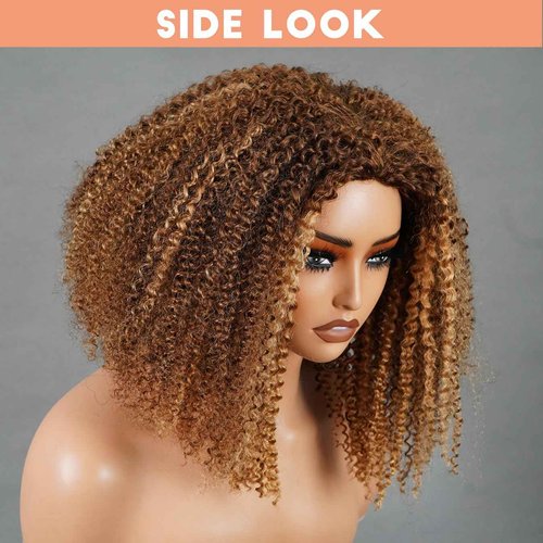 Domiso Honey Blonde Afro Kinky Curly 3 In 1 Half Wig with Drawstring Highlight 4/27 Kinky Curly Flip Over Glueless Wig Headband Wig Elastic Band Clip in Human Hair Bob Wig 14 Inch
