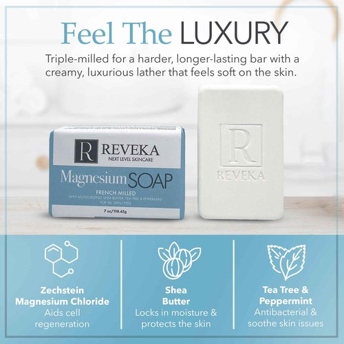 Reveka Skincare Magnesium Soap – 4-in-1 Natural Bar for Face, Body, Hair & Shaving | Triple-Milled with Shea Butter | USA-Made Peppermint Soap | 4 Pack (7 oz Each)