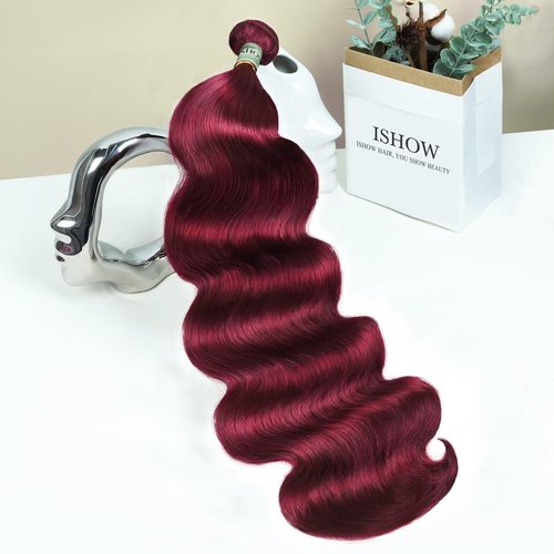 ISHOW Raw Human Hair Bundles, 100% Unprocessed Virgin Human Hair, 15A Body Wave Premium Quality Bundles Producer, 14 Inch Single Bundle, Long Lasting, Red Burgundy Color 99J