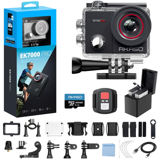 AKASO EK7000 Pro 4K30fps Action Camera with 256GB MicroSDXC U3 Card Accessories Kit Bundle, 20MP Ultra HD 131ft Waterproof Underwater Camera EIS WiFi Remote Control 5X Zoom Sport Cameras