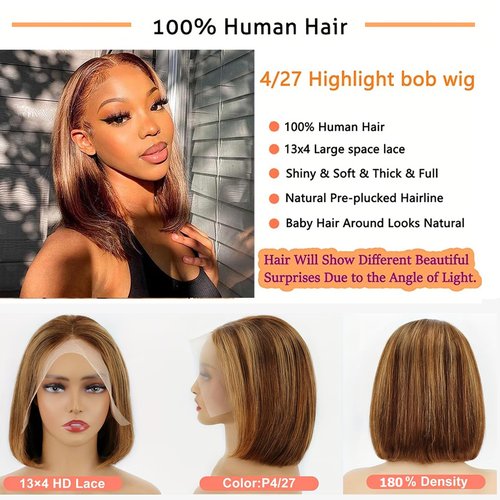 Highlight Bob Wig Human Hair Ombre Honey Blonde 13x4 Lace Frontal Wigs for Black Women 4/27 Bob Lace Front Wig Brazilian Virgin Human Hair Bob Wig 180% Density Pre Plucked with Baby Hair 14inch