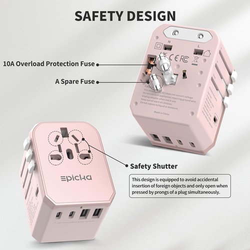 EPICKA Universal Travel Adapter, International Power Plug Adapter with 3 USB-C and 2 USB-A Ports, All-in-One Worldwide Wall Charger for USA EU UK AUS (TA-105C, Pink)