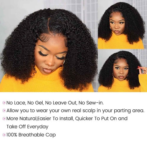 ISEE V Part Human Hair Kinky Curly Minimal/No Leave Out Upgrade U Part Wig for Black Women V Shape Kinky Curly Thin Part Glueless Clip In Half Wig 180% Density Natural Color 14 Inch